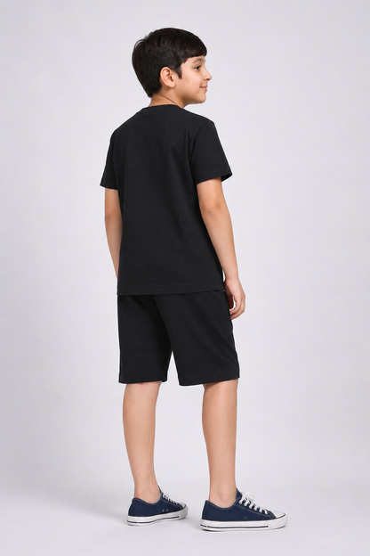 Boys black wolf print short night suit back view