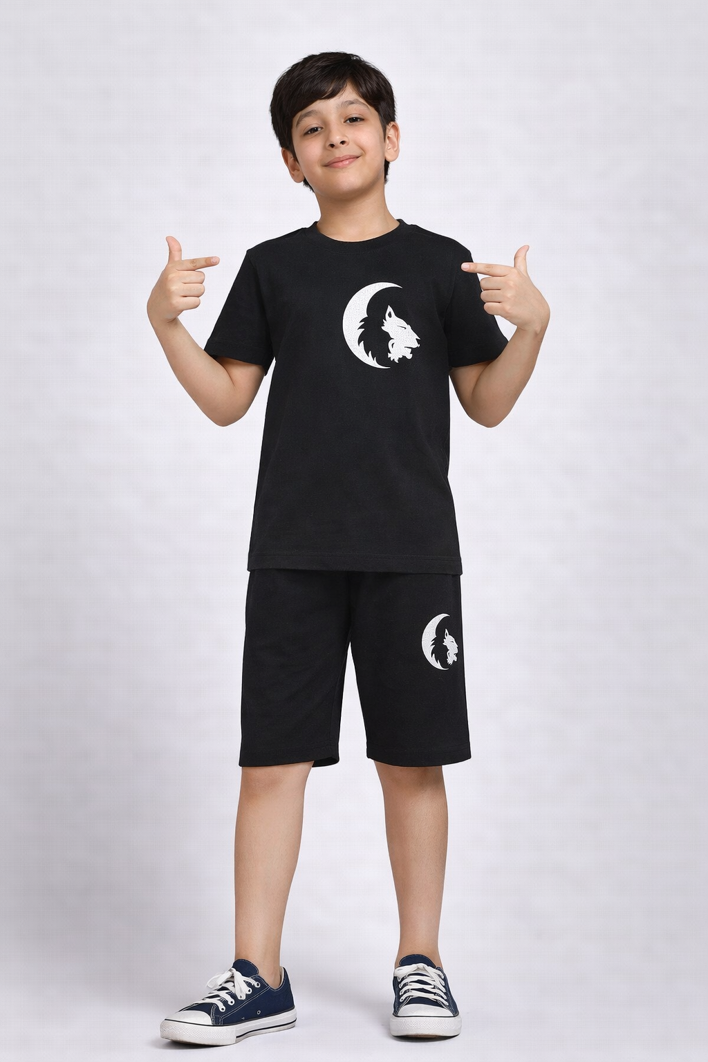 Boys black wolf print short night suit front view