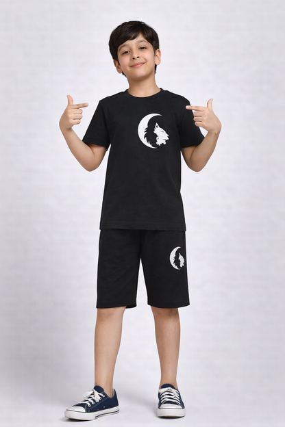 Boys black wolf print short night suit front view