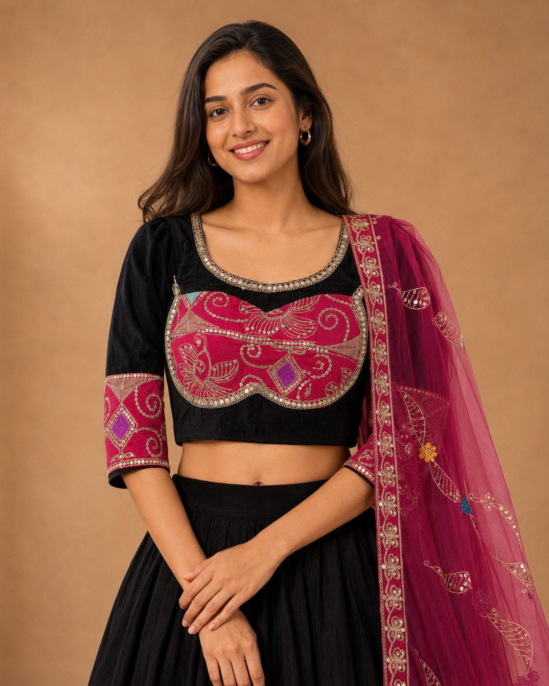 Fuchsia butterfly-shaped embroidered blouse panel detail