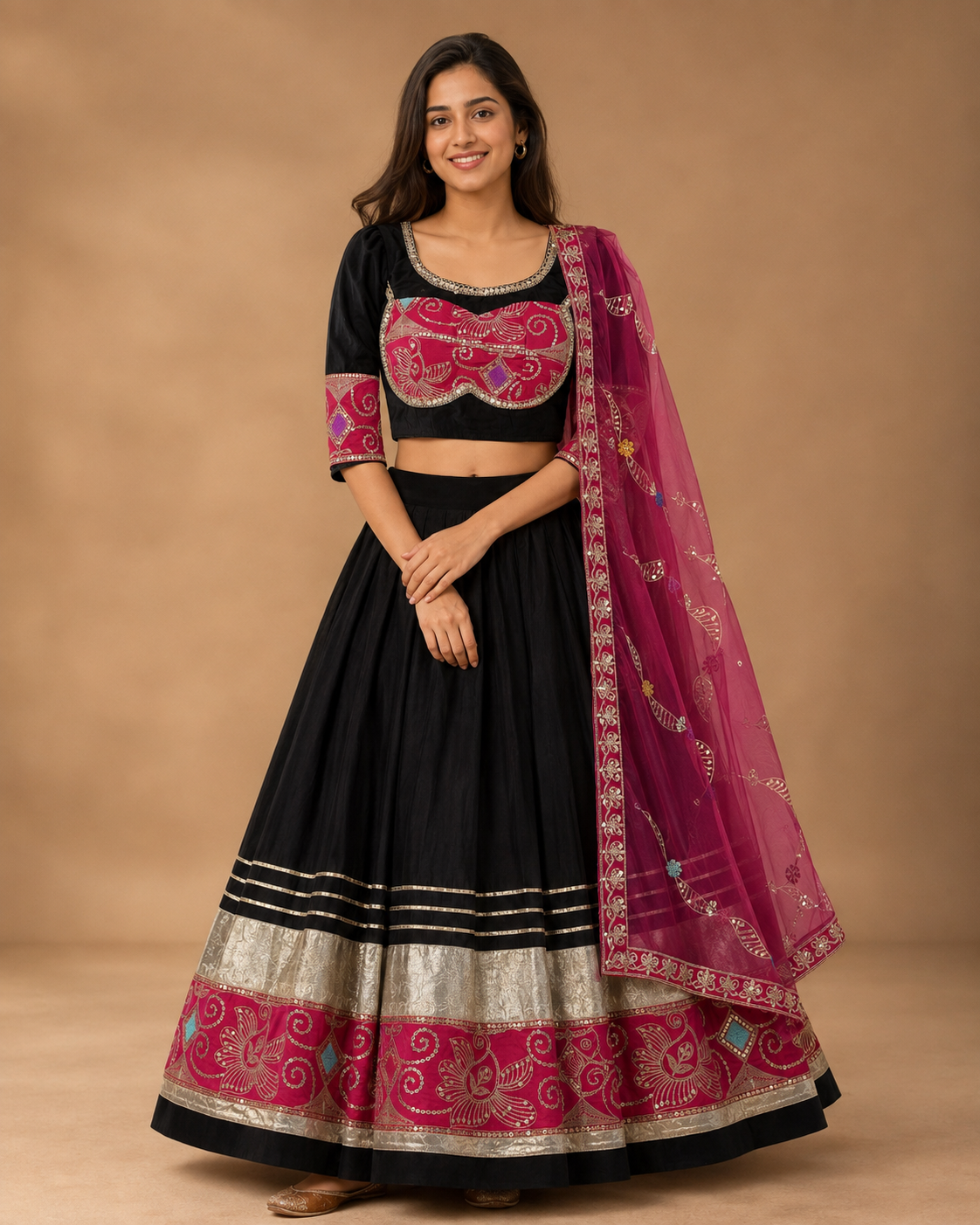 Black and fuchsia embroidered Chaniya Choli full front view