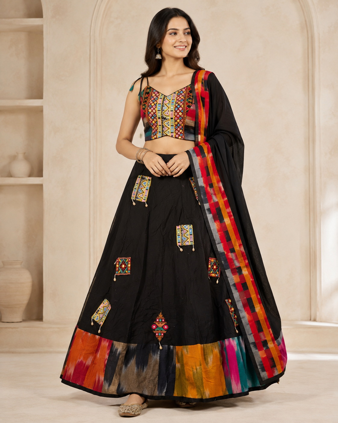 Front view of black multicolour embroidered Chaniya Choli set