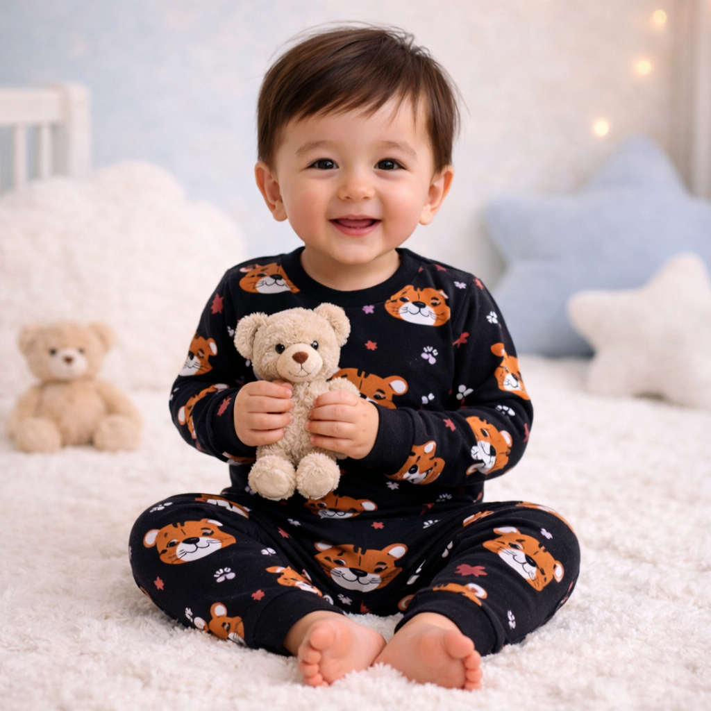 Black tiger print baby lounge set front view