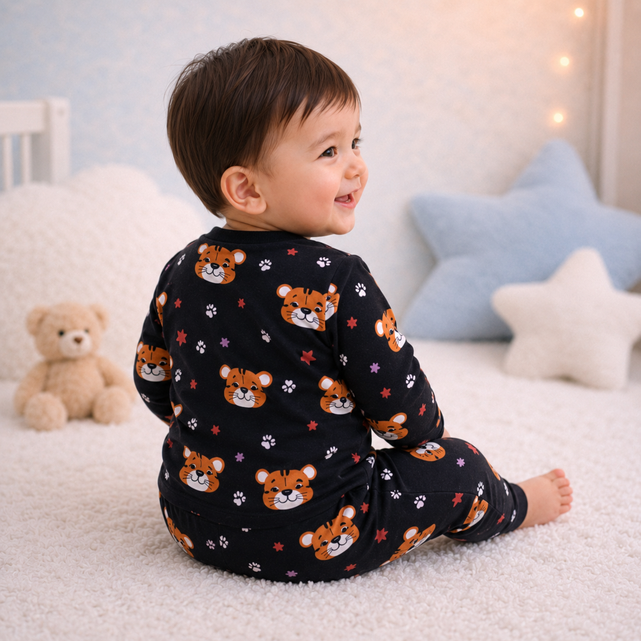 Black tiger print baby lounge set rear view