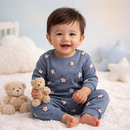 Blue outlined star print baby lounge set front view