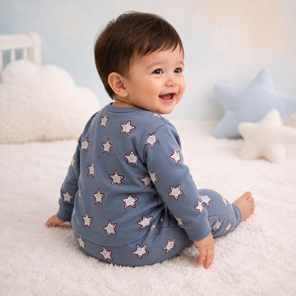 Blue outlined star print baby lounge set rear view