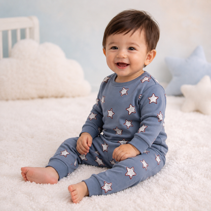 Blue outlined star print baby lounge set side view