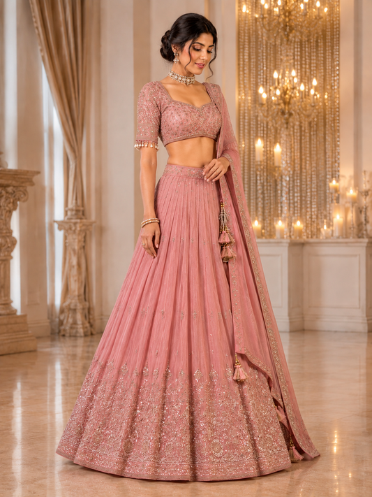Blush pink Royal Grace embroidered lehenga choli, three-quarter view