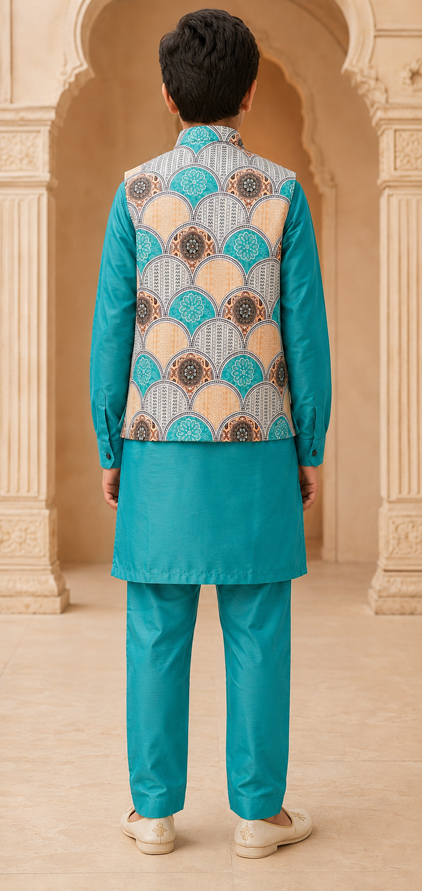 Boys Aqua Blue premium cotton kurta pyjama and koti set – back view