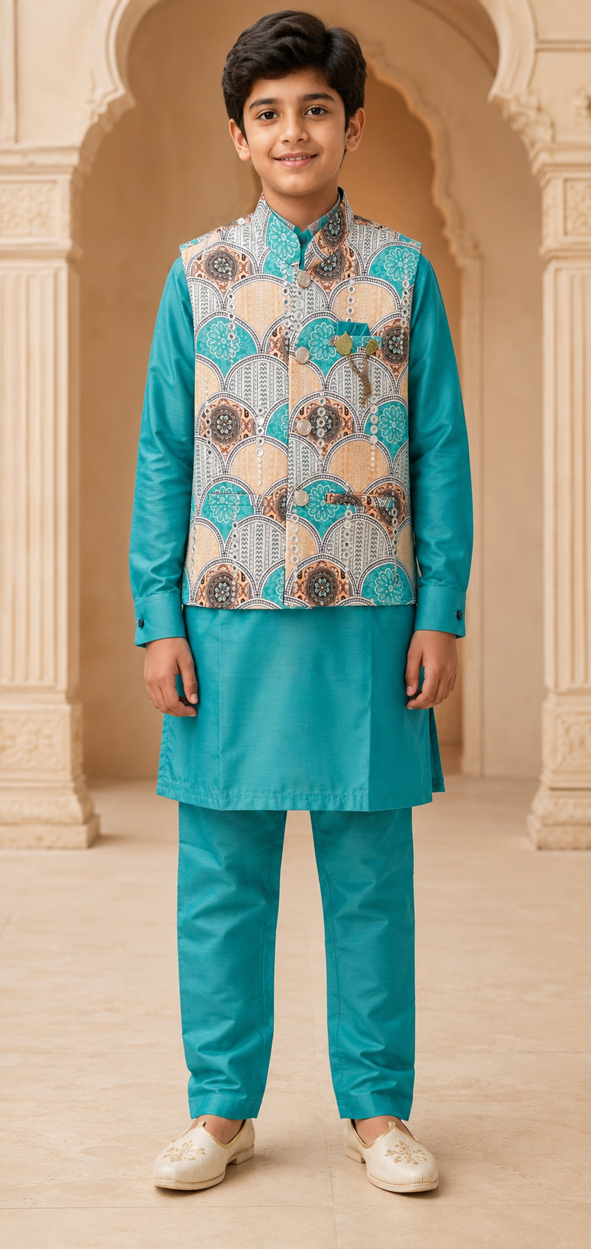 Boys Aqua Blue premium cotton kurta pyjama and koti set – front view
