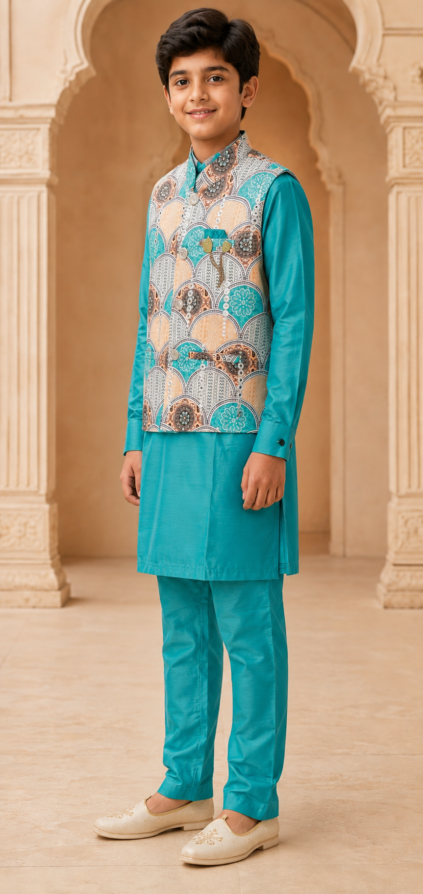 Boys Aqua Blue premium cotton kurta pyjama and koti set – side view