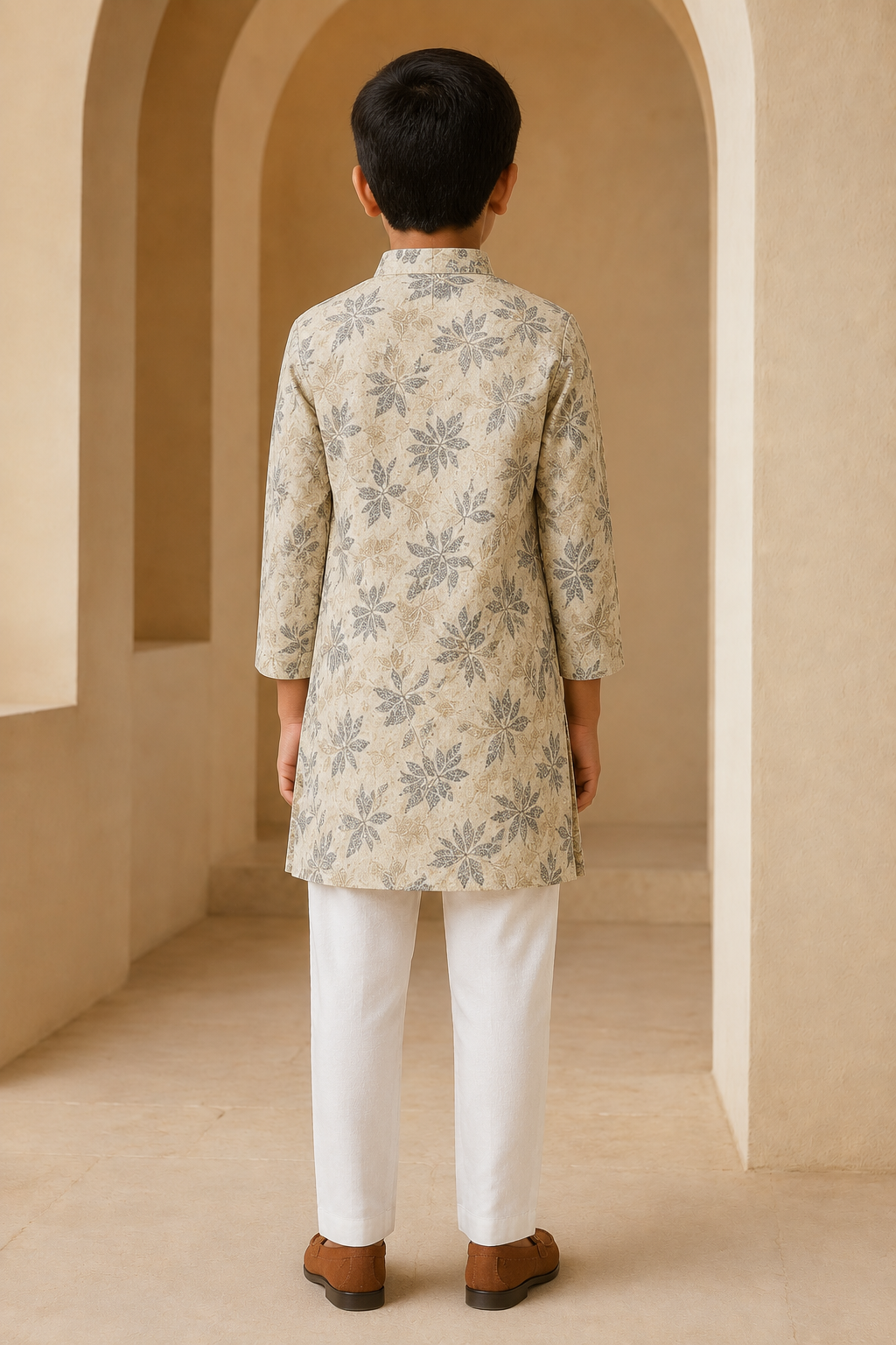 Boys Beige Grey leaf print kurta pajama set – back view
