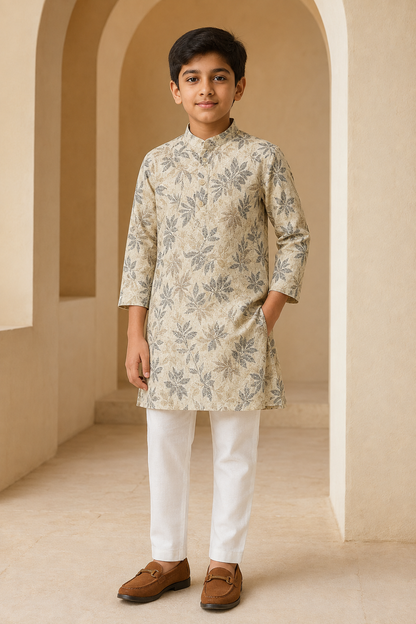 Boys Beige Grey leaf print kurta pajama set – front view