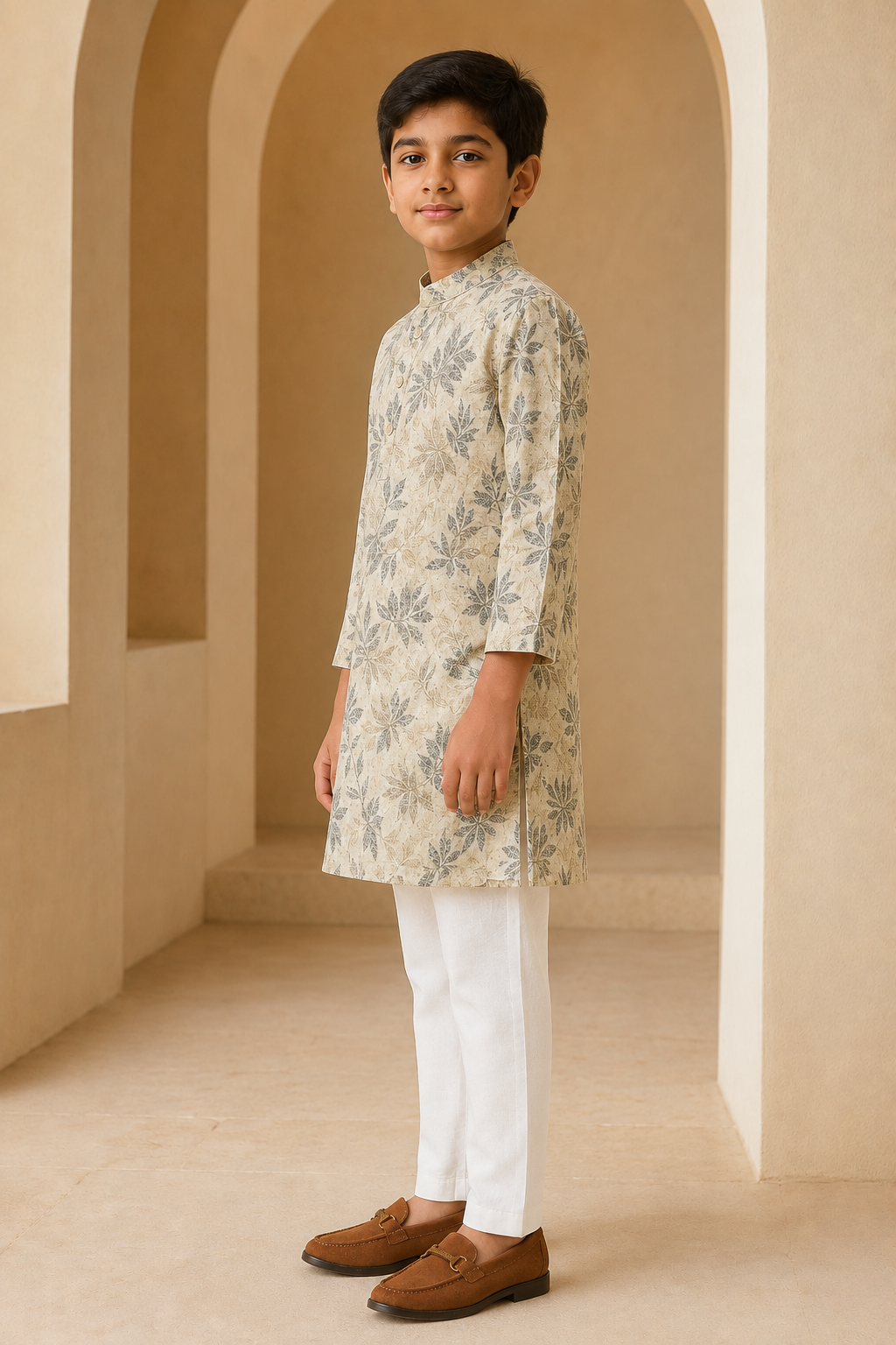 Boys Beige Grey leaf print kurta pajama set – side view
