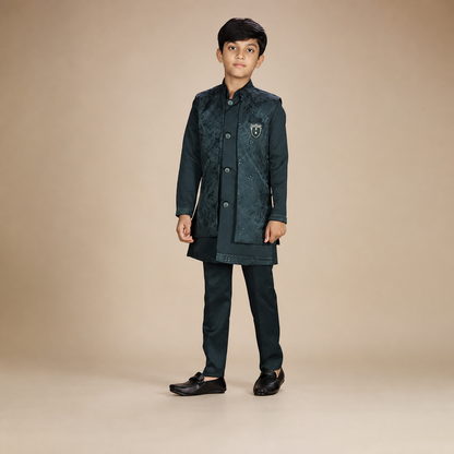 Boy model wearing a bottle green kurta, trousers and Nehru jacket set