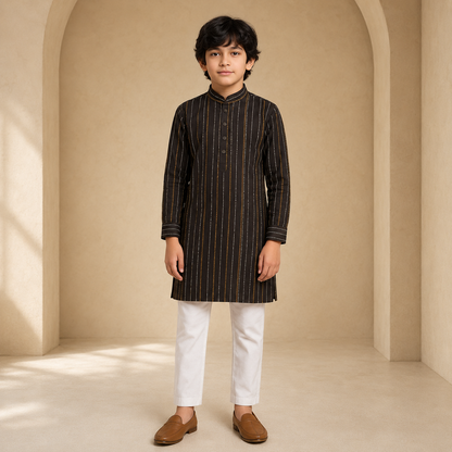 Classic Black Striped Boys Kurta Set - front view
