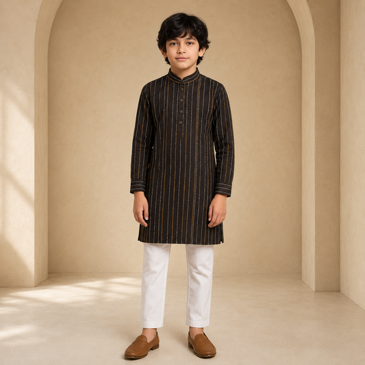 Classic Black Striped Boys Kurta Set - front view