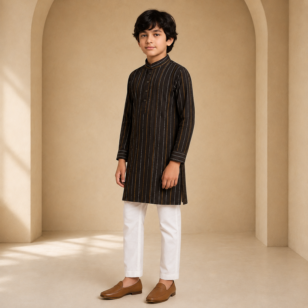 Classic Black Striped Boys Kurta Set - side view