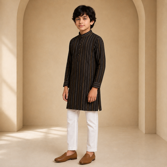 Classic Black Striped Boys Kurta Set - side view
