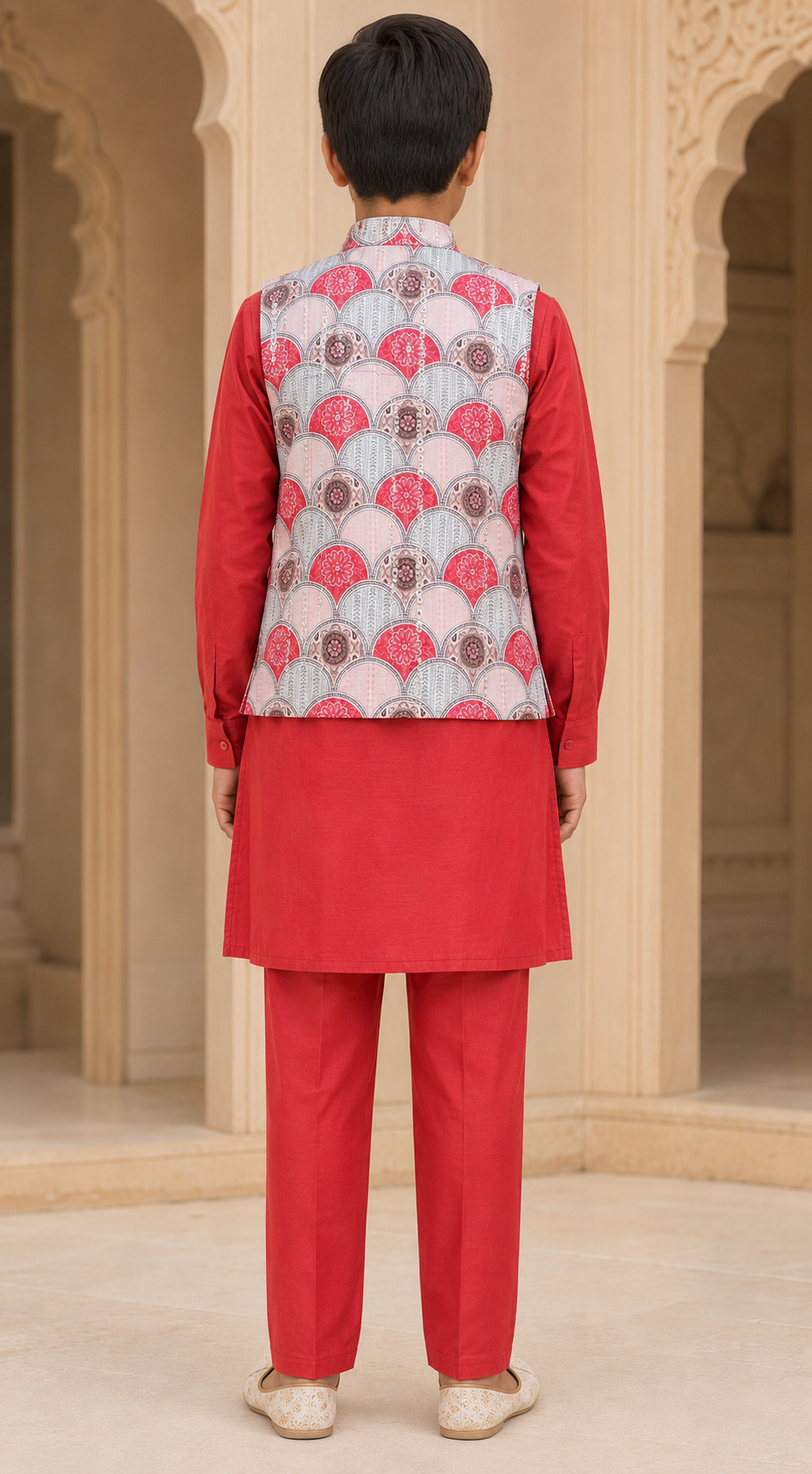 Boys Coral Red premium cotton kurta pyjama and koti set – back view