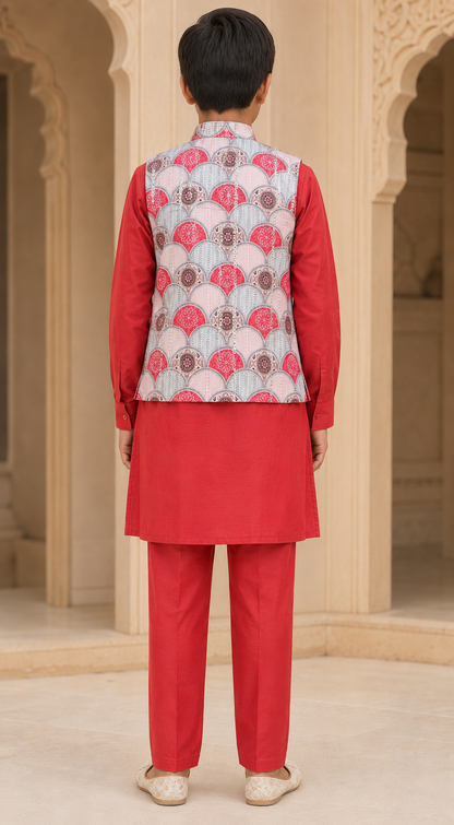 Boys Coral Red premium cotton kurta pyjama and koti set – back view