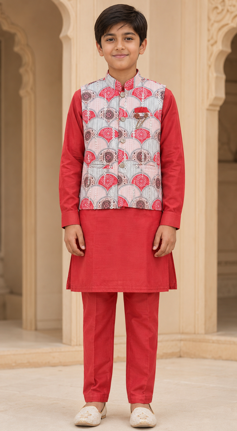 Boys Coral Red premium cotton kurta pyjama and koti set – front view