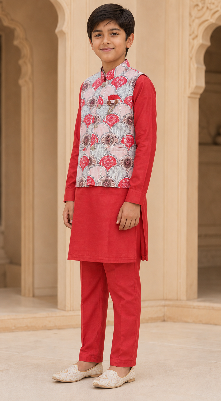 Boys Coral Red premium cotton kurta pyjama and koti set – side view