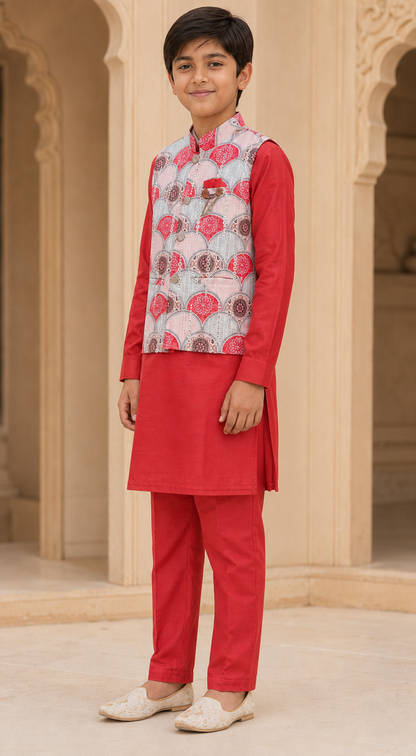 Boys Coral Red premium cotton kurta pyjama and koti set – side view