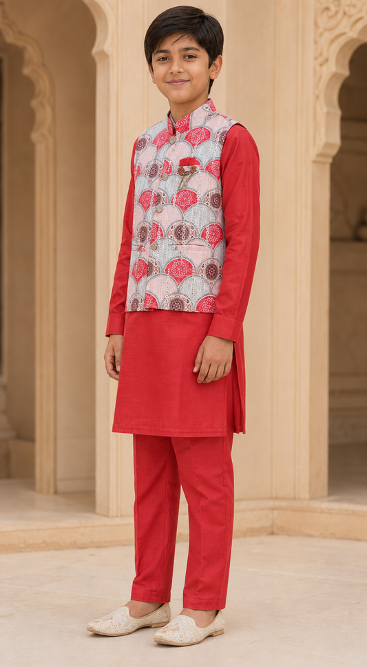 Boys Coral Red premium cotton kurta pyjama and koti set – side view