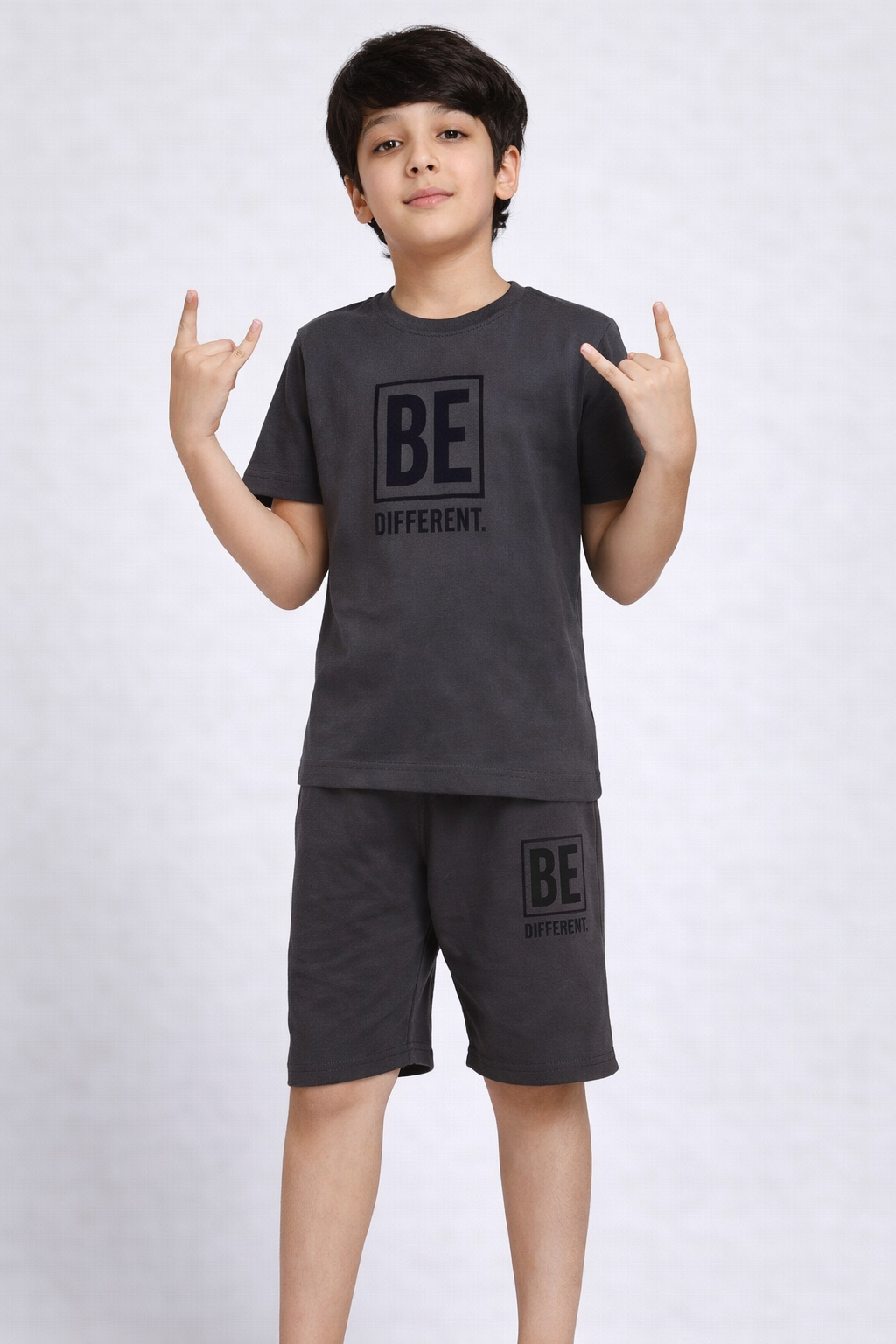 Boys dark grey BE DIFFERENT short night suit front view