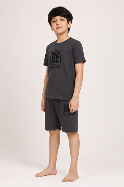 Boys dark grey BE DIFFERENT short night suit side view