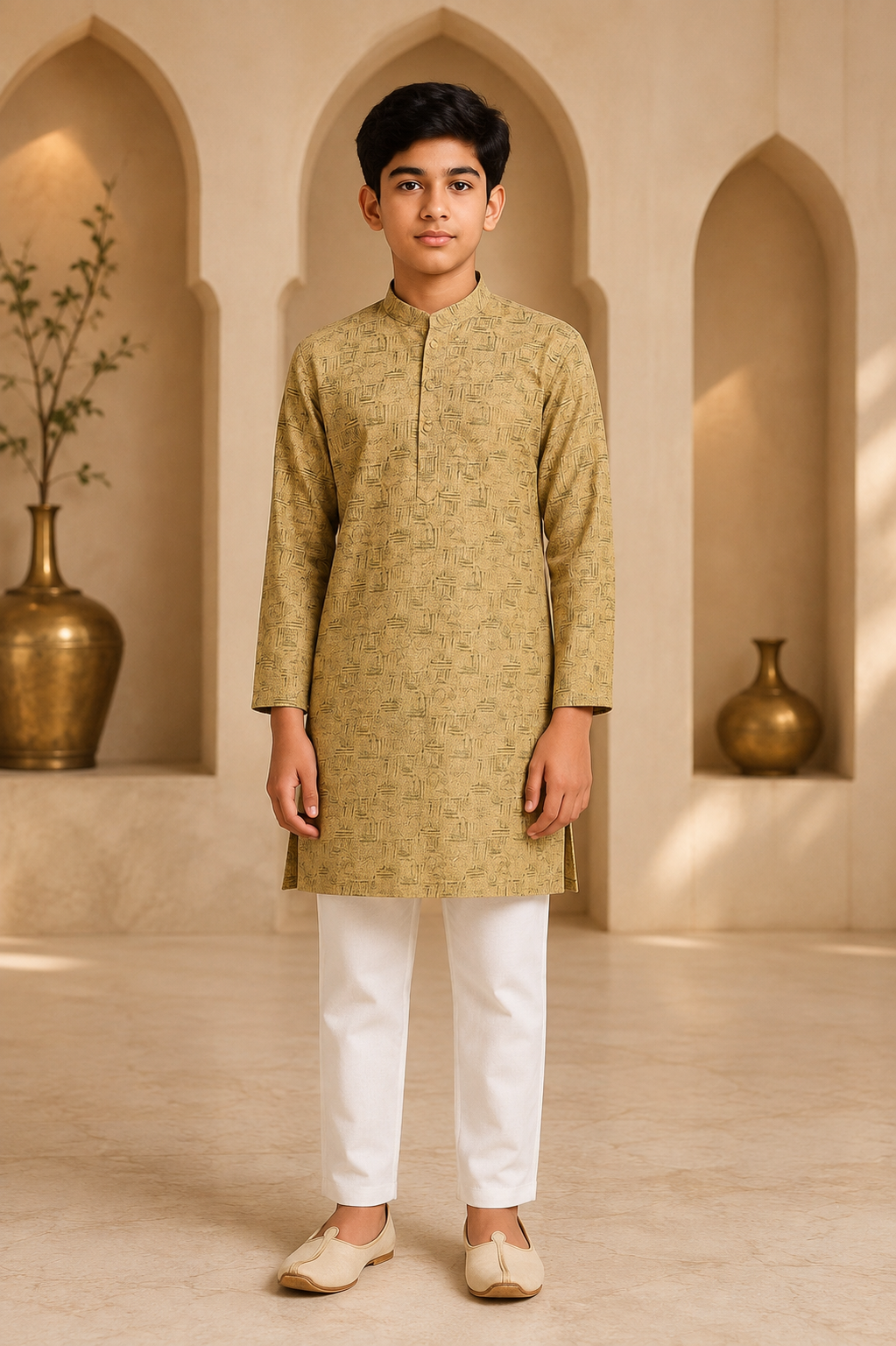 Boys Desert Gold printed kurta set – front view