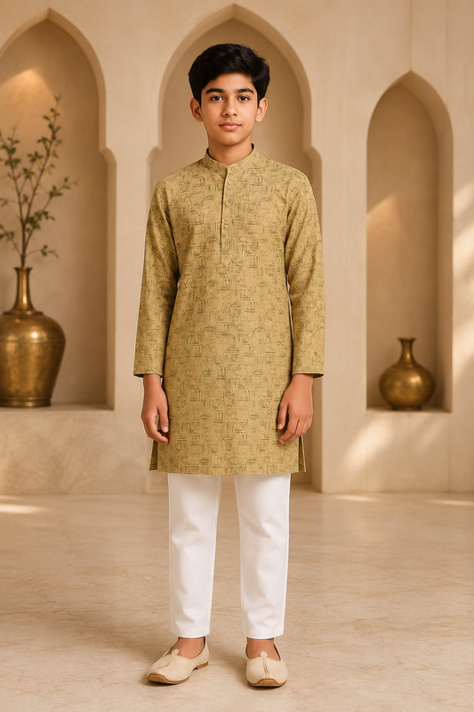 Boys Desert Gold printed kurta set – front view