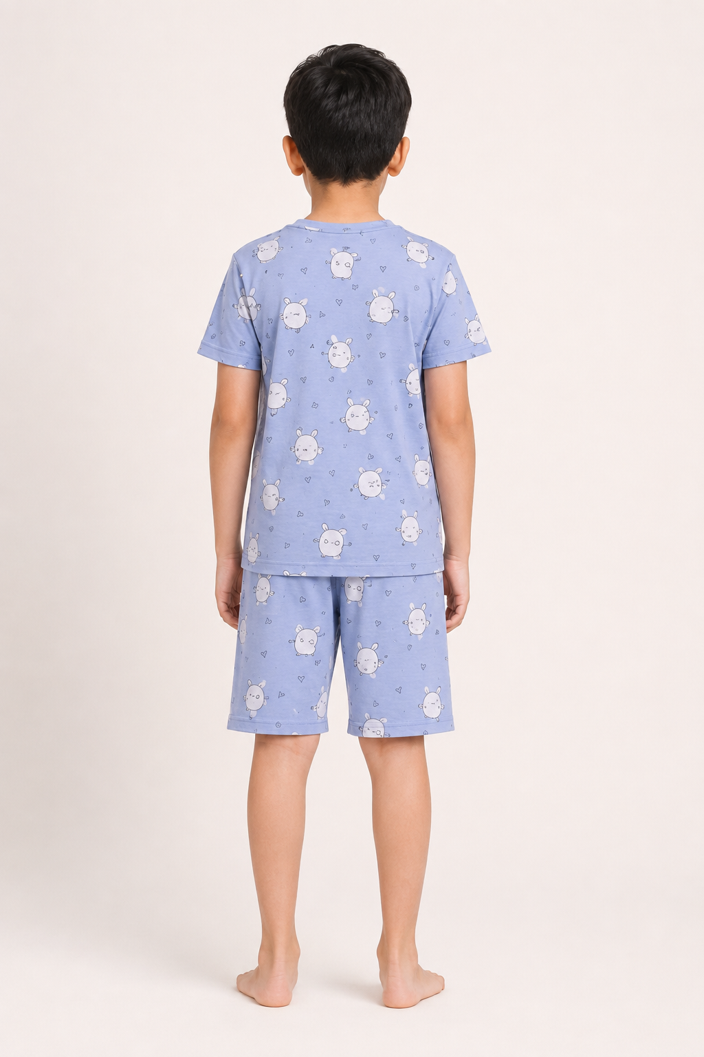 Boys dusty blue bunny print short night suit back view