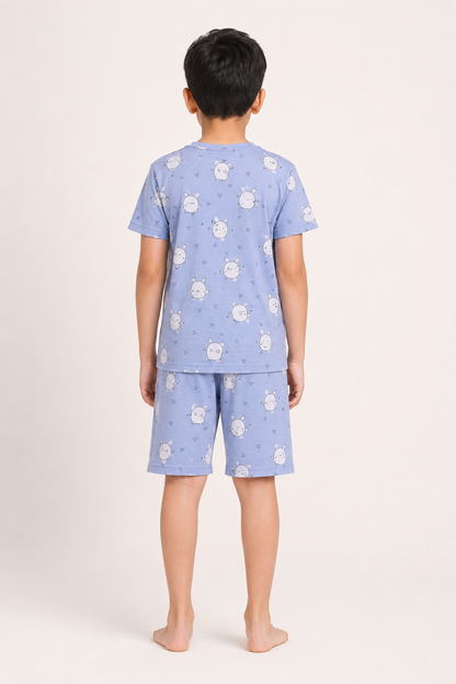 Boys dusty blue bunny print short night suit back view