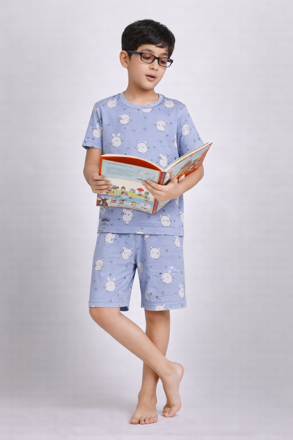 Boys dusty blue bunny print short night suit front view