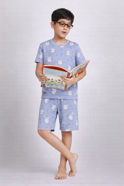 Boys dusty blue bunny print short night suit front view