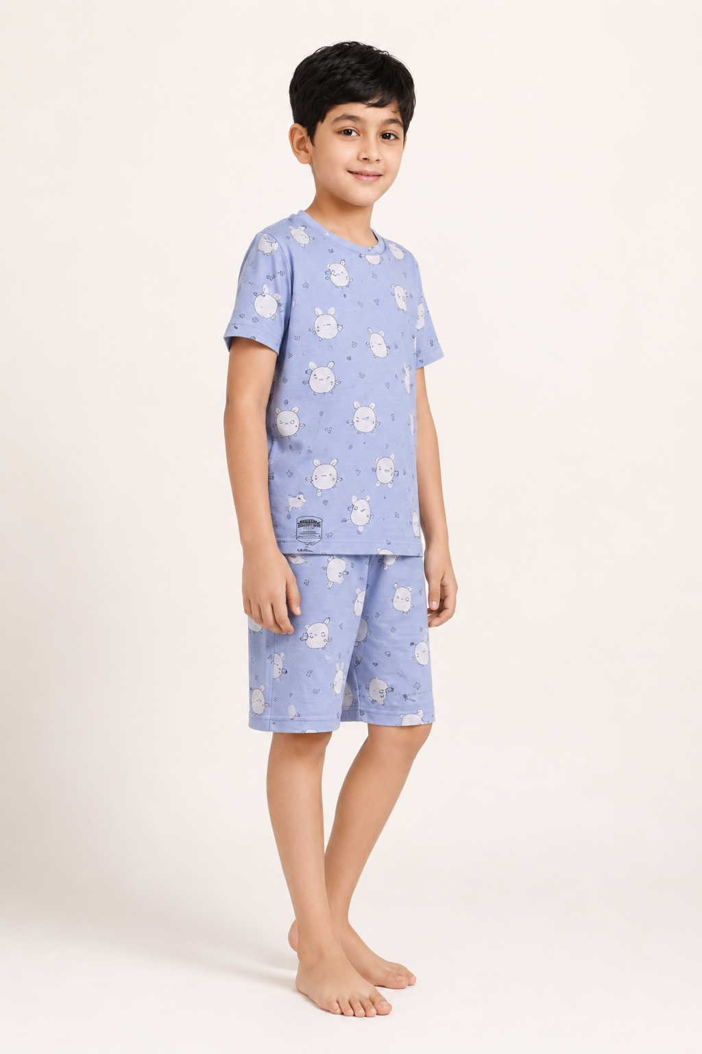 Boys dusty blue bunny print short night suit side view