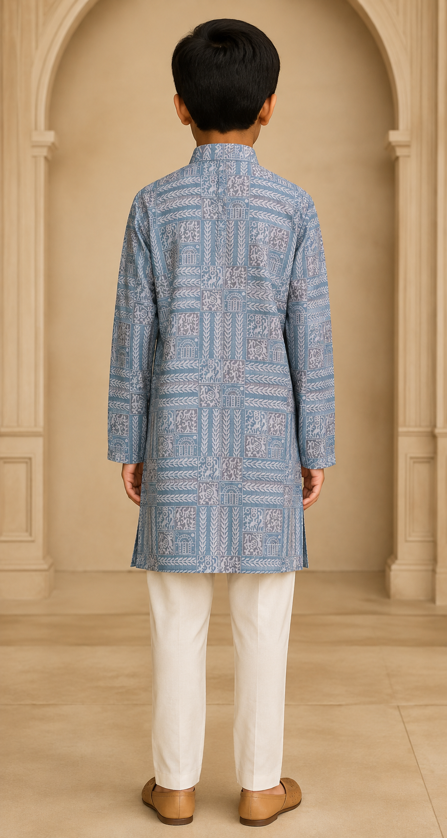 Boys Dusty Blue Heritage Print kurta set rear view