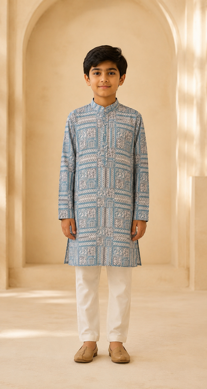 Boys Dusty Blue Heritage Print kurta set front view