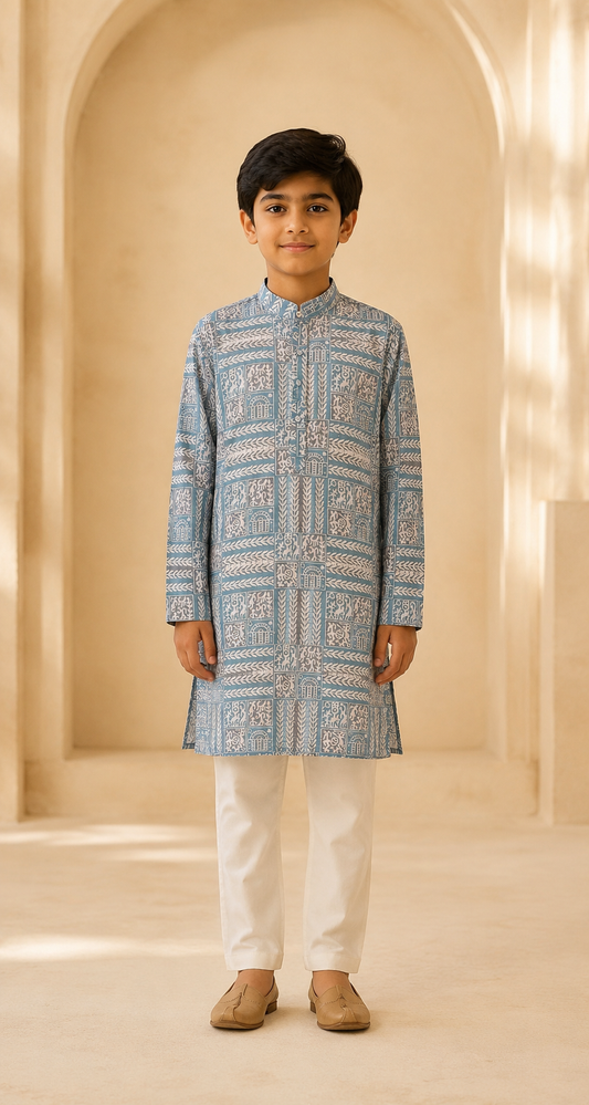 Boys Dusty Blue Heritage Print kurta set front view