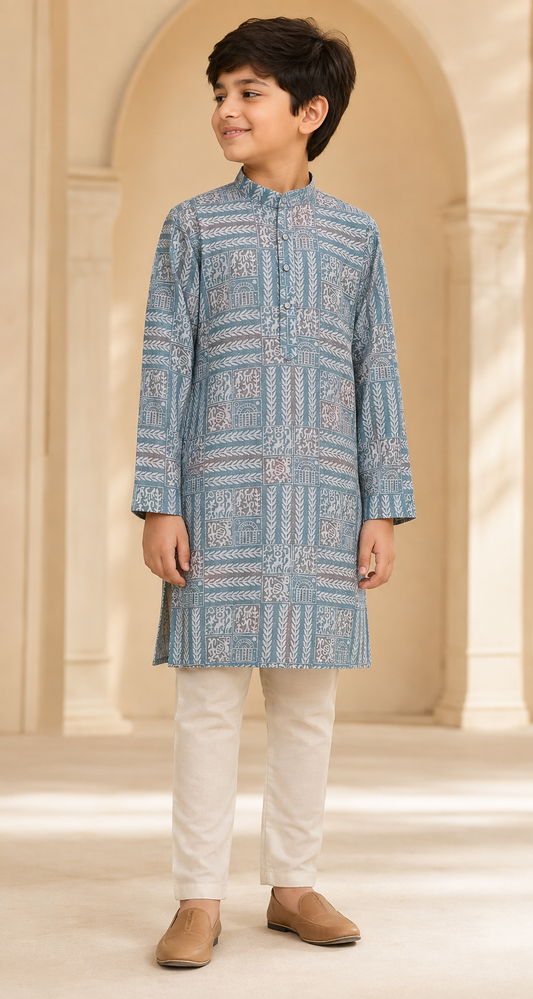 Boys Dusty Blue Heritage Print kurta set side view