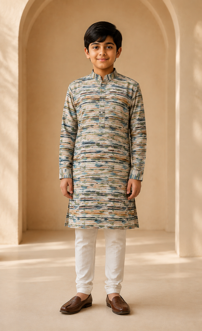 Boys Earthy Green printed kurta churidar set front view