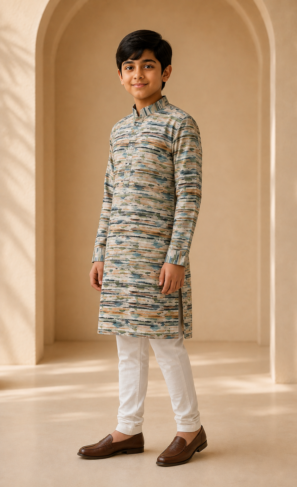 Boys Earthy Green printed kurta churidar set side view