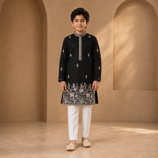 Boys Embroidered Kurta Set in Black - front view