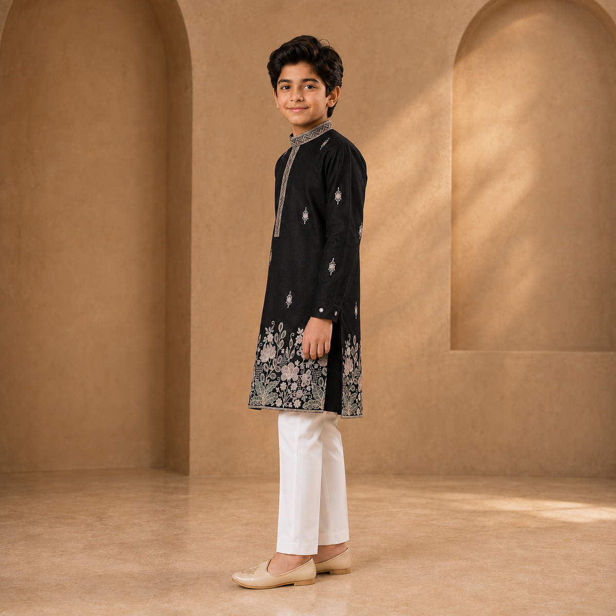 Boys Embroidered Kurta Set in Black - side view