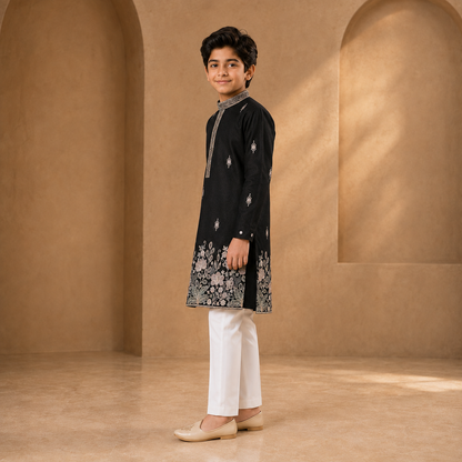 Boys Embroidered Kurta Set in Black - side view