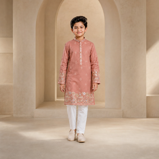Boys Embroidered Kurta Set in Dusty Rose - front view