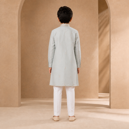 Boys Embroidered Kurta Set in Ice Blue - back view