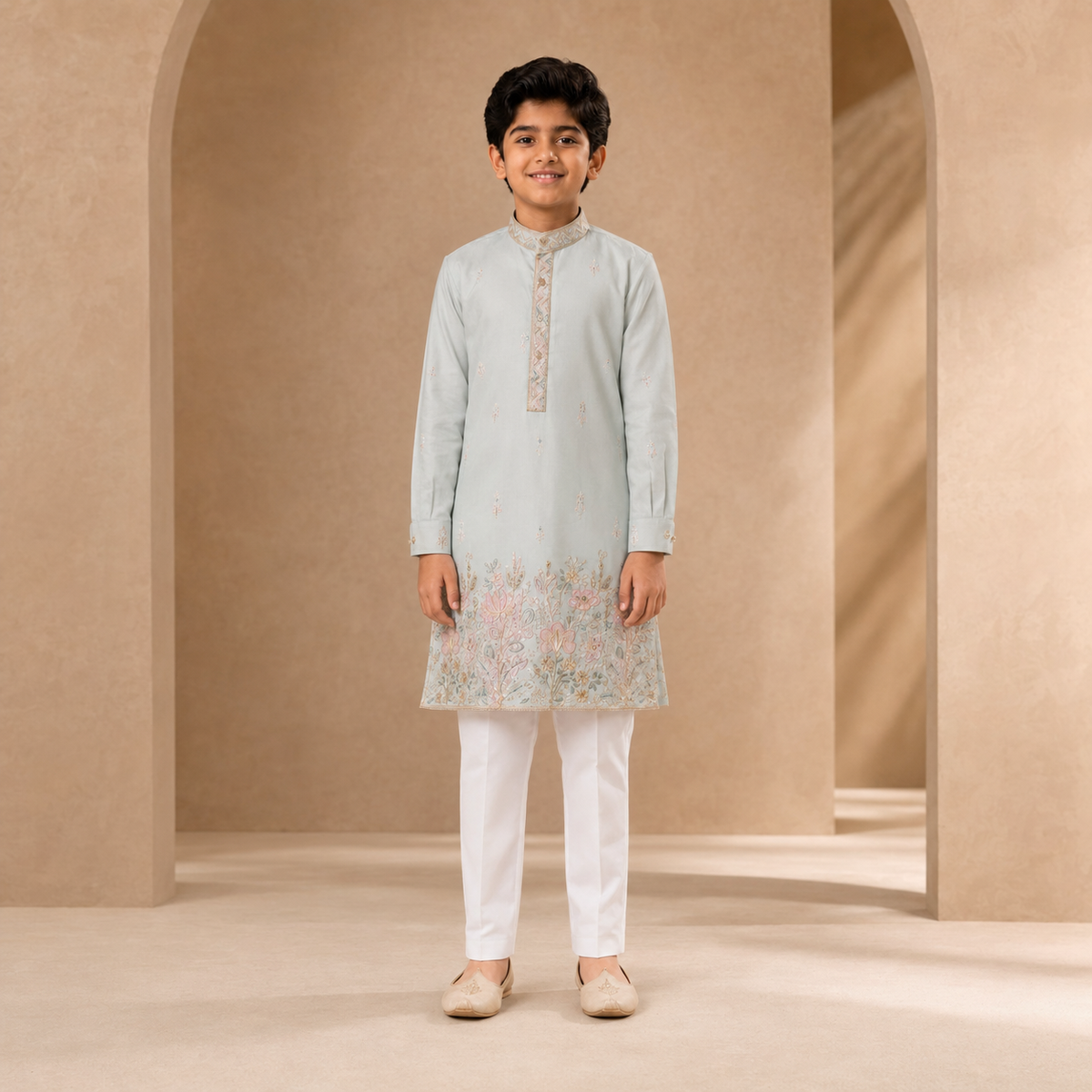 Boys Embroidered Kurta Set in Ice Blue - front view